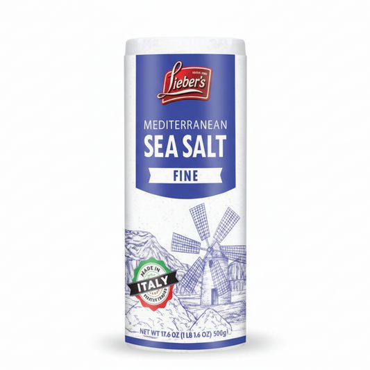 Canister of Lieber's Mediterranean Sea Salt on a white background