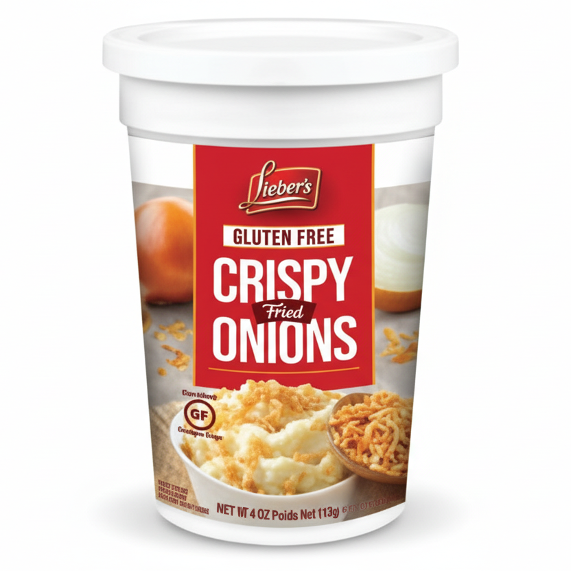Container of Libby's Gluten Free Crispy Fried Onions on a white background
