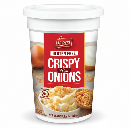 Container of Libby's Gluten Free Crispy Fried Onions on a white background