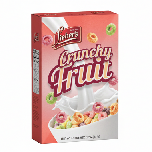 Box of Lieber's Crunchy Fruit cereal on a white background