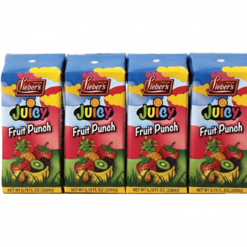 Five boxes of Juicy Fruit Punch candy on a white background