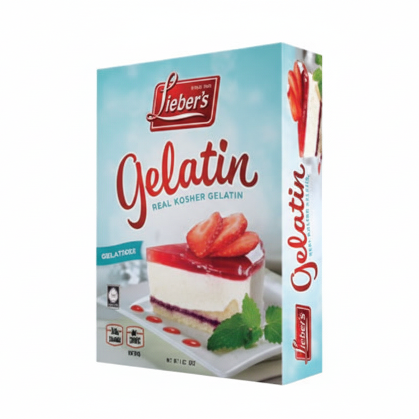 Lieber's Gelatin packaging with a dessert image on a white background