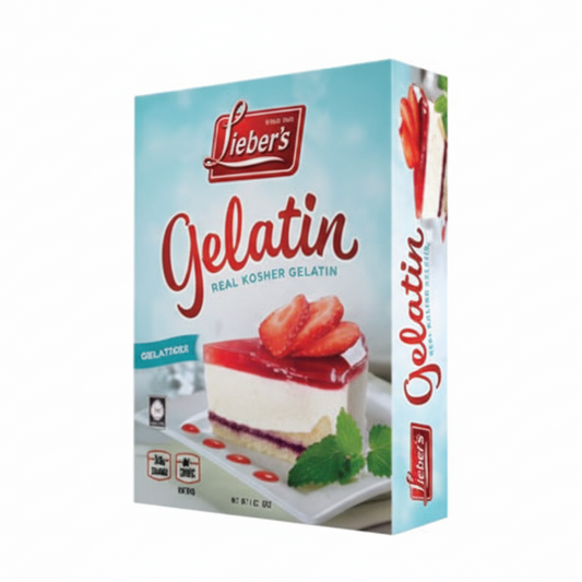 Lieber's Gelatin packaging with a dessert image on a white background