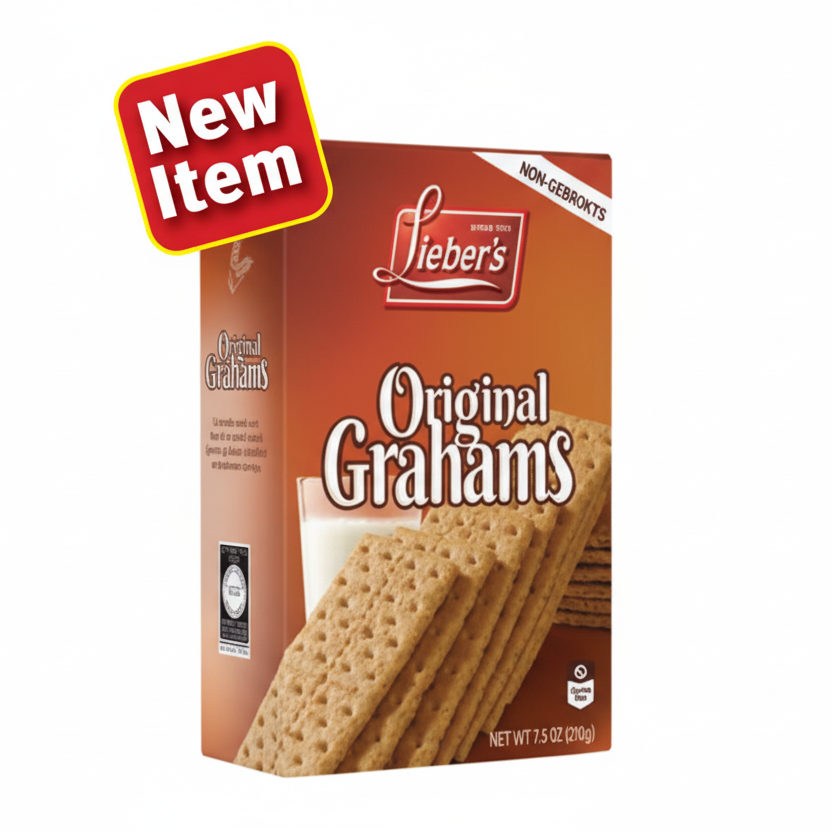 Box of Lieber's Original Grahams crackers with a 'New Item' label on a white background
