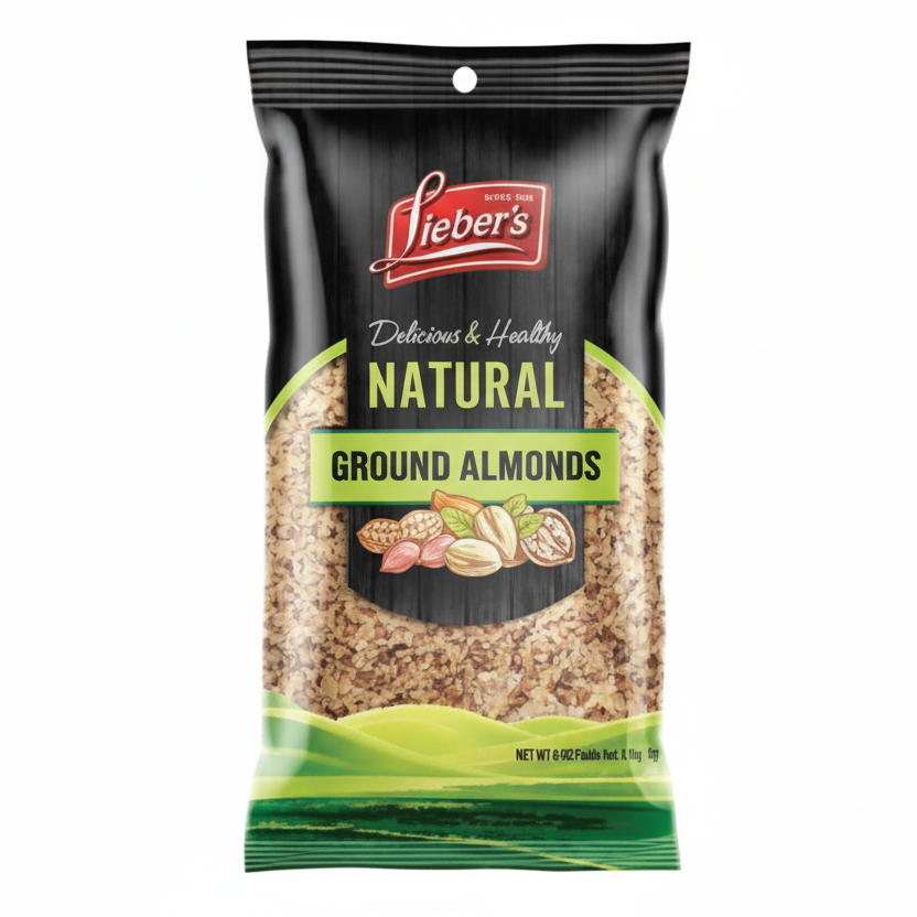 Bag of Sieber's Natural Ground Almonds on a white background