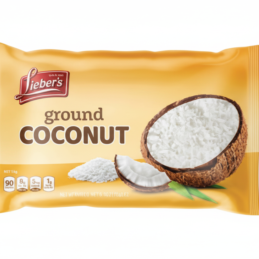 Packaged ground coconut with Lieber's brand on a white background