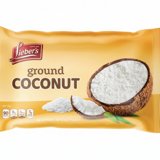 Packaged ground coconut with Lieber's brand on a white background
