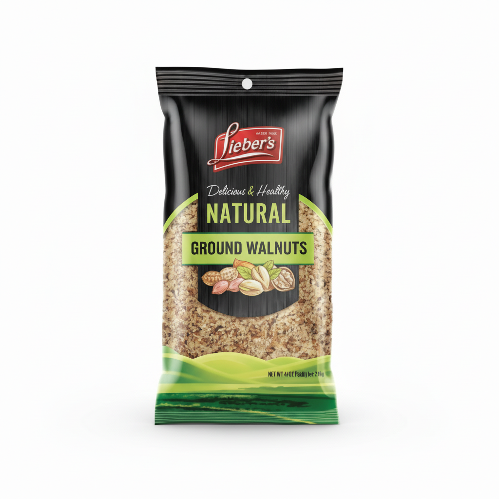 Packaging of Lieber's Natural Ground Almonds on a white background