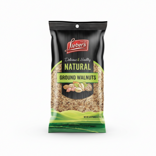 Packaging of Lieber's Natural Ground Almonds on a white background