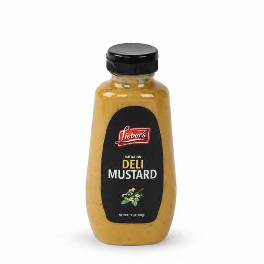 Bottle of liebers Deli Mustard on a white background
