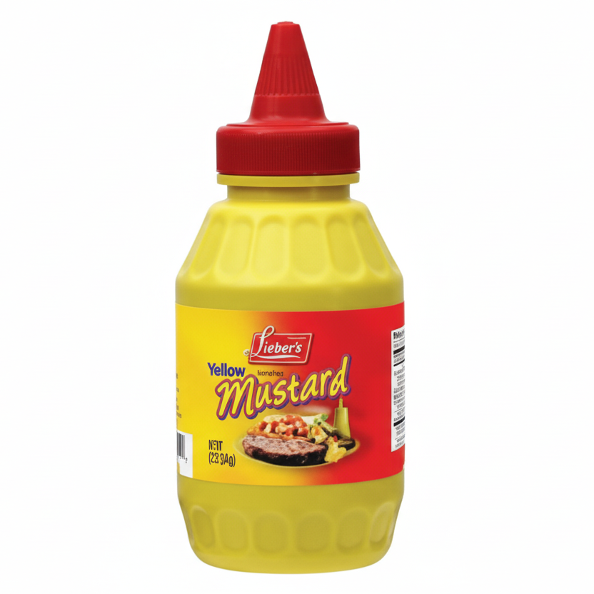 Mustard bottle with red cap on a white background