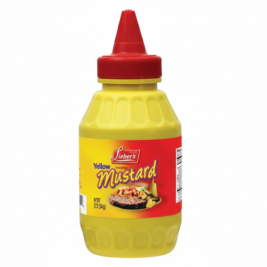 Mustard bottle with red cap on a white background