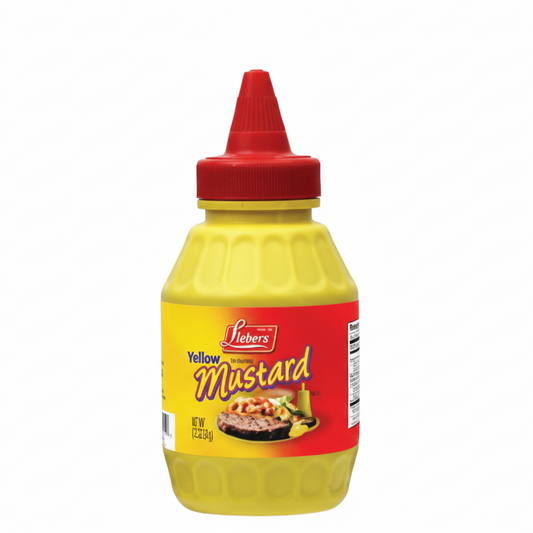 Mustard bottle with red cap on a white background