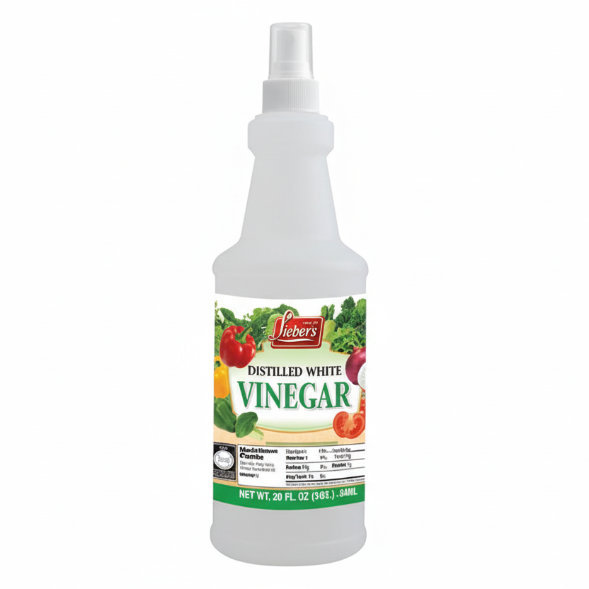 Bottle of imitation white vinegar on a white background