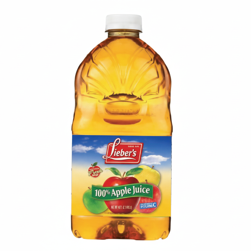Bottle of Lieber's 100% Apple Juice on a white background