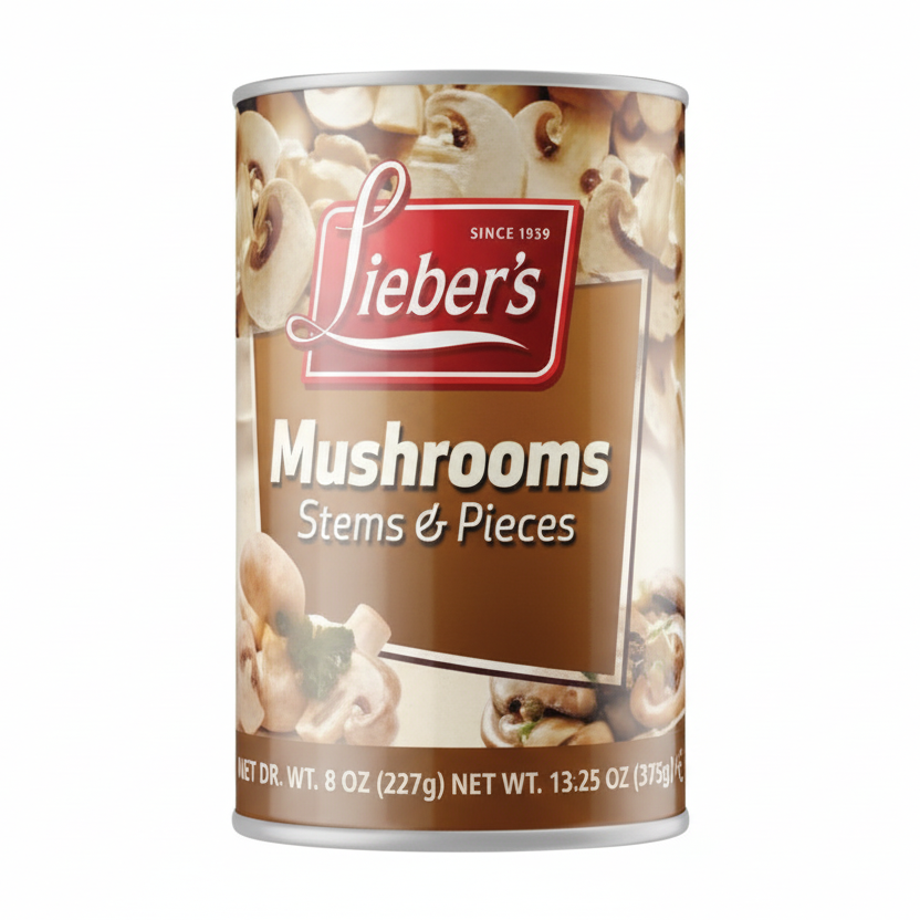 Can of Lieber's Mushrooms Stems & Pieces on a white background
