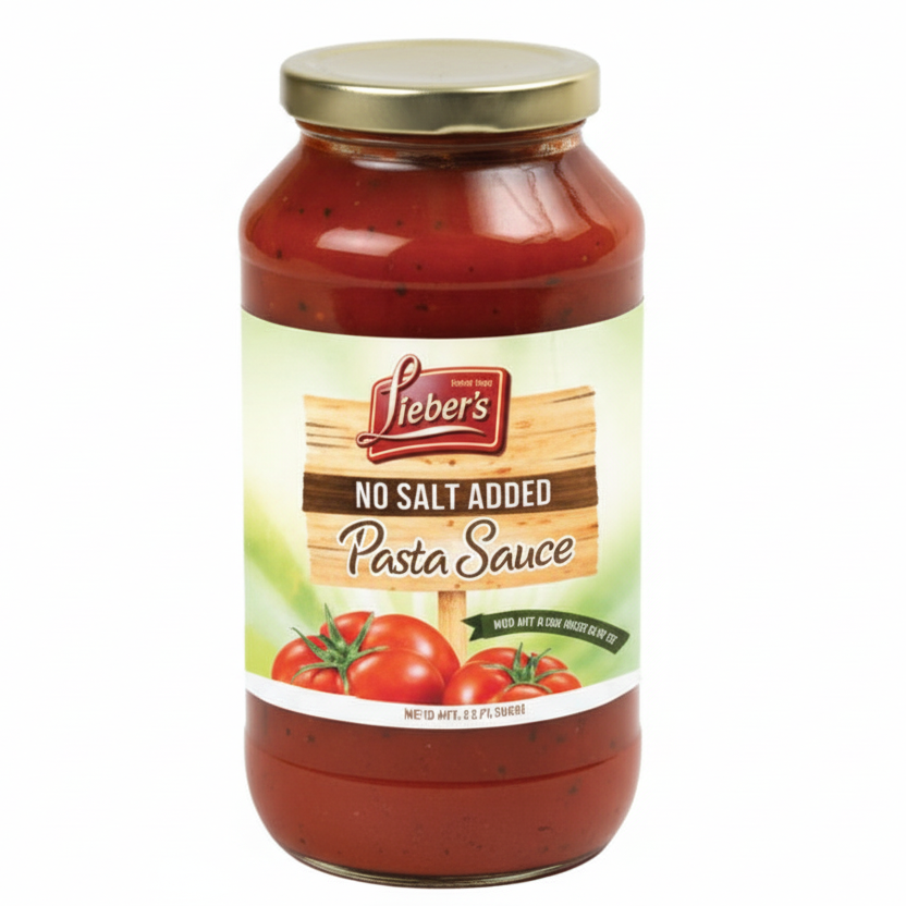 Jar of Leber's no salt added pasta sauce on a white background