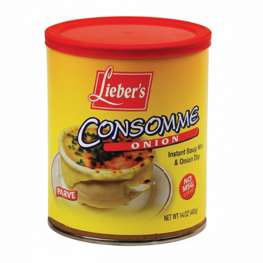 Lieber's Consomme onions can with red lid on a white background