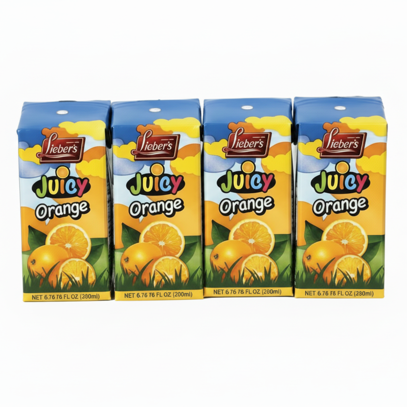 Four boxes of Yebes Juicy Orange juice on a white background