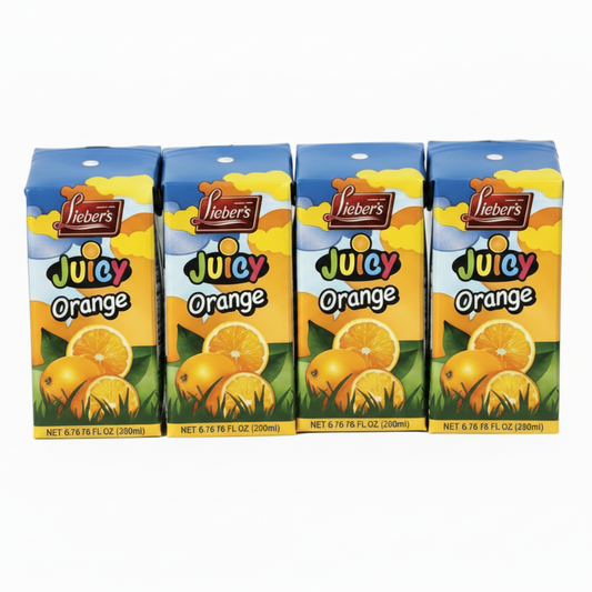 Four boxes of Yebes Juicy Orange juice on a white background