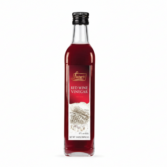 Bottle of red wine vinegar on a white background
