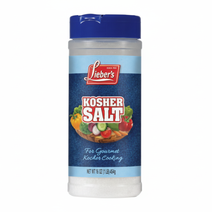 Shaker of Lieber's Kosher Salt on a white background