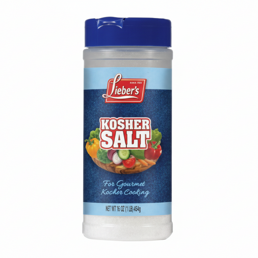 Shaker of Lieber's Kosher Salt on a white background