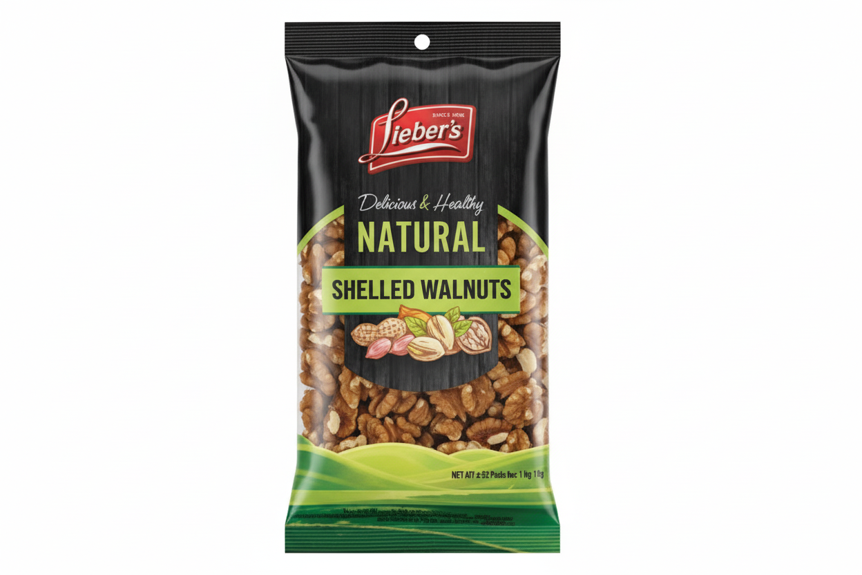 Bag of Lieber's natural shelled walnuts on a white background