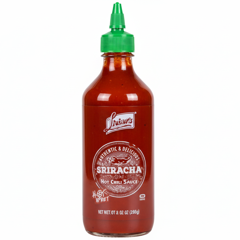 Bottle of Lofthouse Sriracha hot chili sauce on a white background