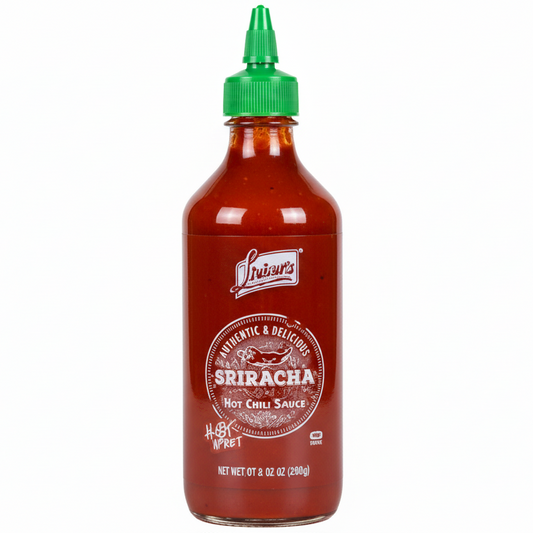 Bottle of Lofthouse Sriracha hot chili sauce on a white background