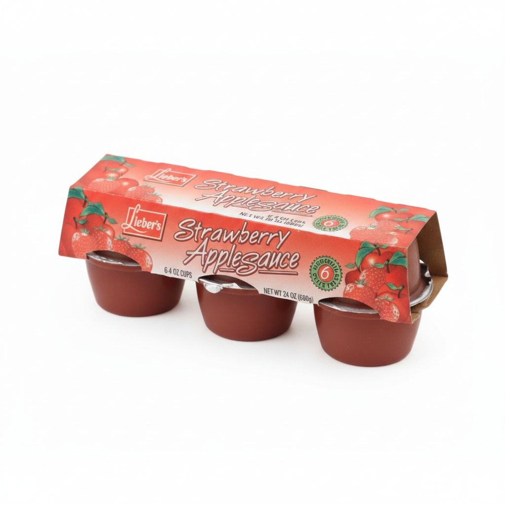 Packaged strawberry applesauce cups with red packaging on a white background