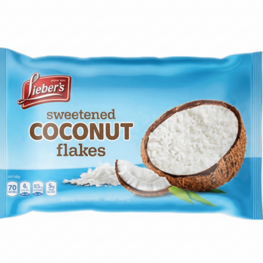 Package of Lieber's sweetened coconut flakes on a white background