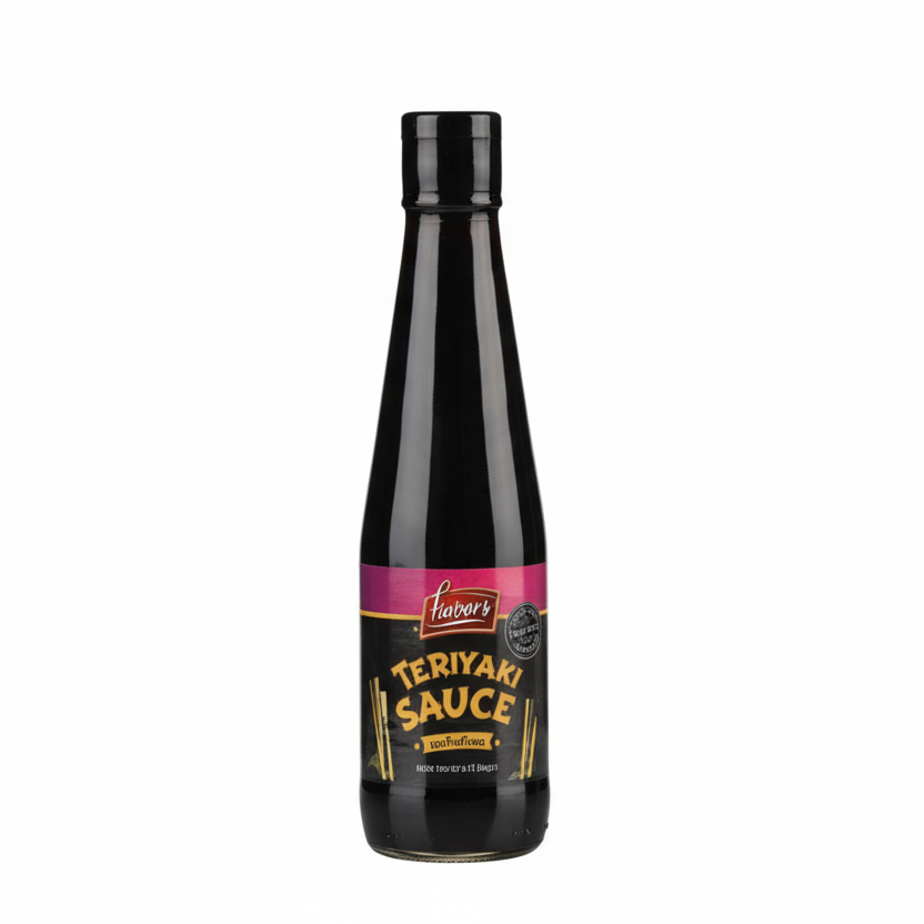 Black bottle of sauce with a colorful label on a white background