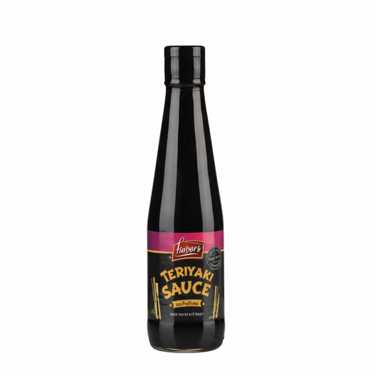 Black bottle of sauce with a colorful label on a white background