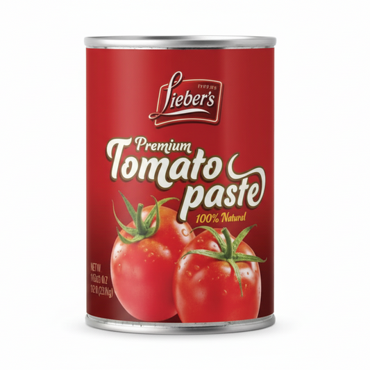 Can of Lieber's Premium Tomato Paste with tomato graphics on a white background