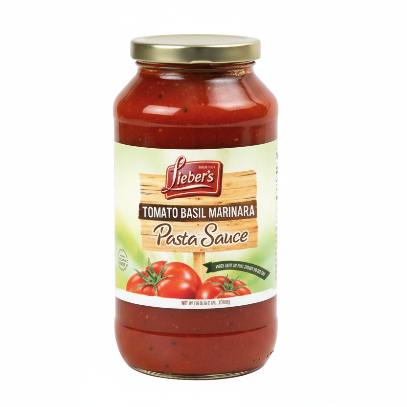 Jar of Lieber's Tomato Basil Marinara Pasta Sauce on a white background
