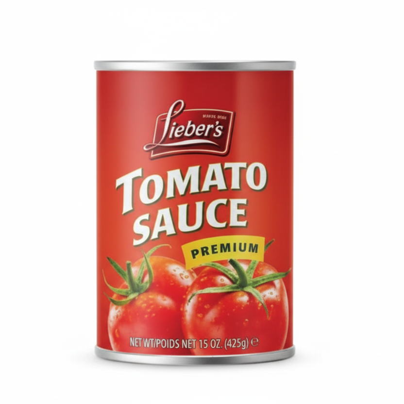 Can of Lieber's Tomato Sauce on a white background
