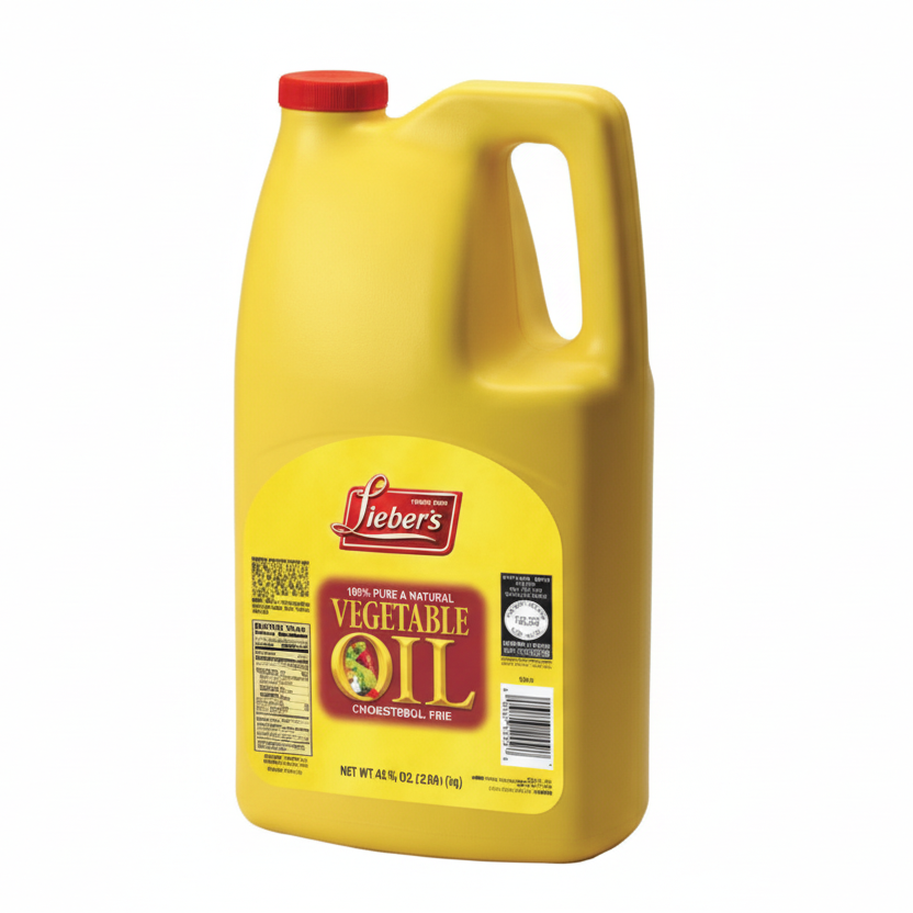 Yellow bottle of Heber's Vegetable Oil on a white background
