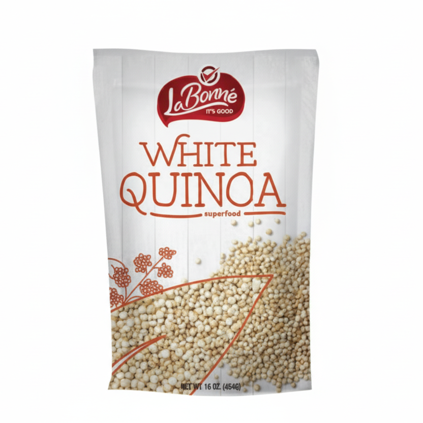 Bag of LaBonne white quinoa on a white background