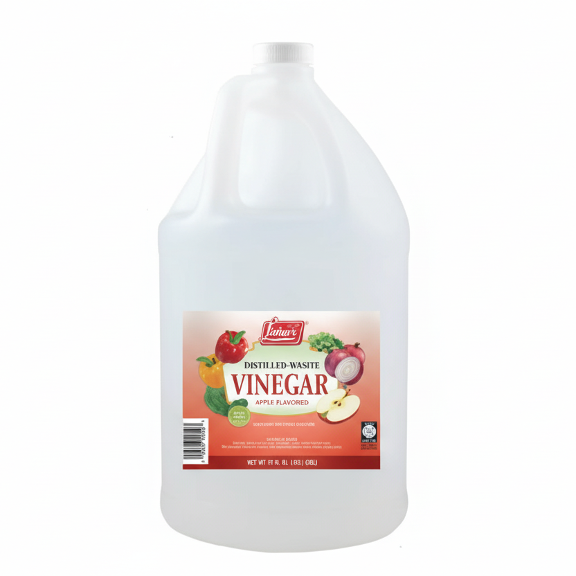 Gallon jug of white vinegar with a label on a white background
