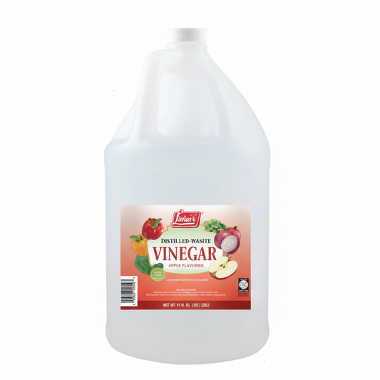 Gallon jug of white vinegar with a label on a white background
